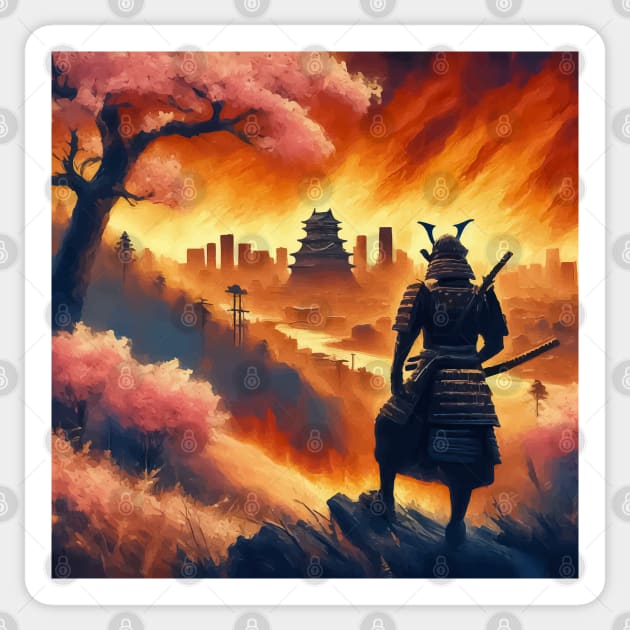 Samurai Watching The Burning City Of Tokyo Sticker by TomFrontierArt